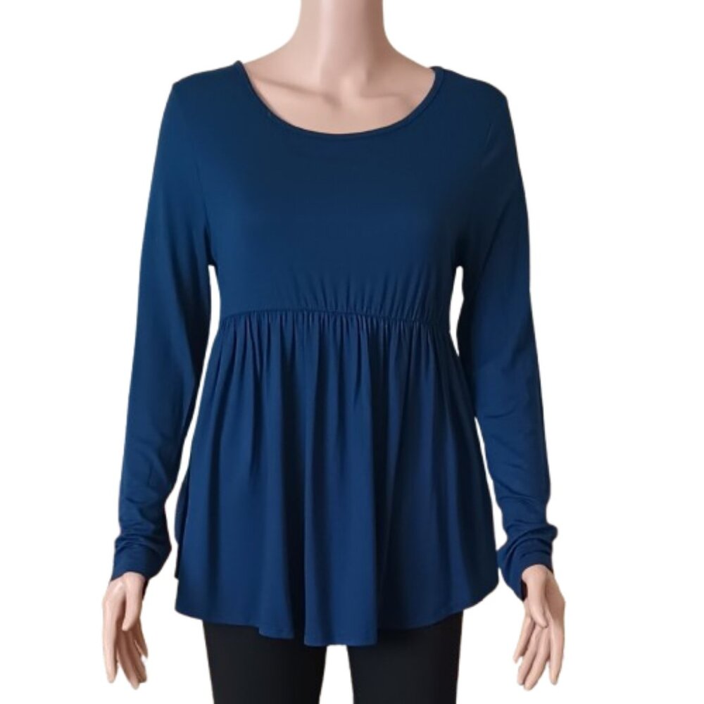 Bombom Women's Blue Ruffle Top M Long Sleeve Stretch Blouse Made in USA